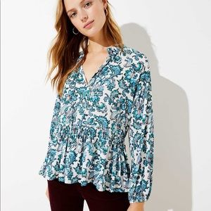Loft paisley teal peplum ruffle tie neck blouse